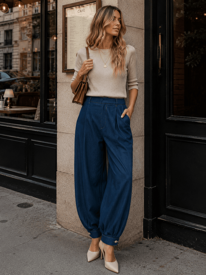 WOMEN'S ELASTIC WAIST BUTTON CLOSURE POCKETS JOGGER LEG PANTS