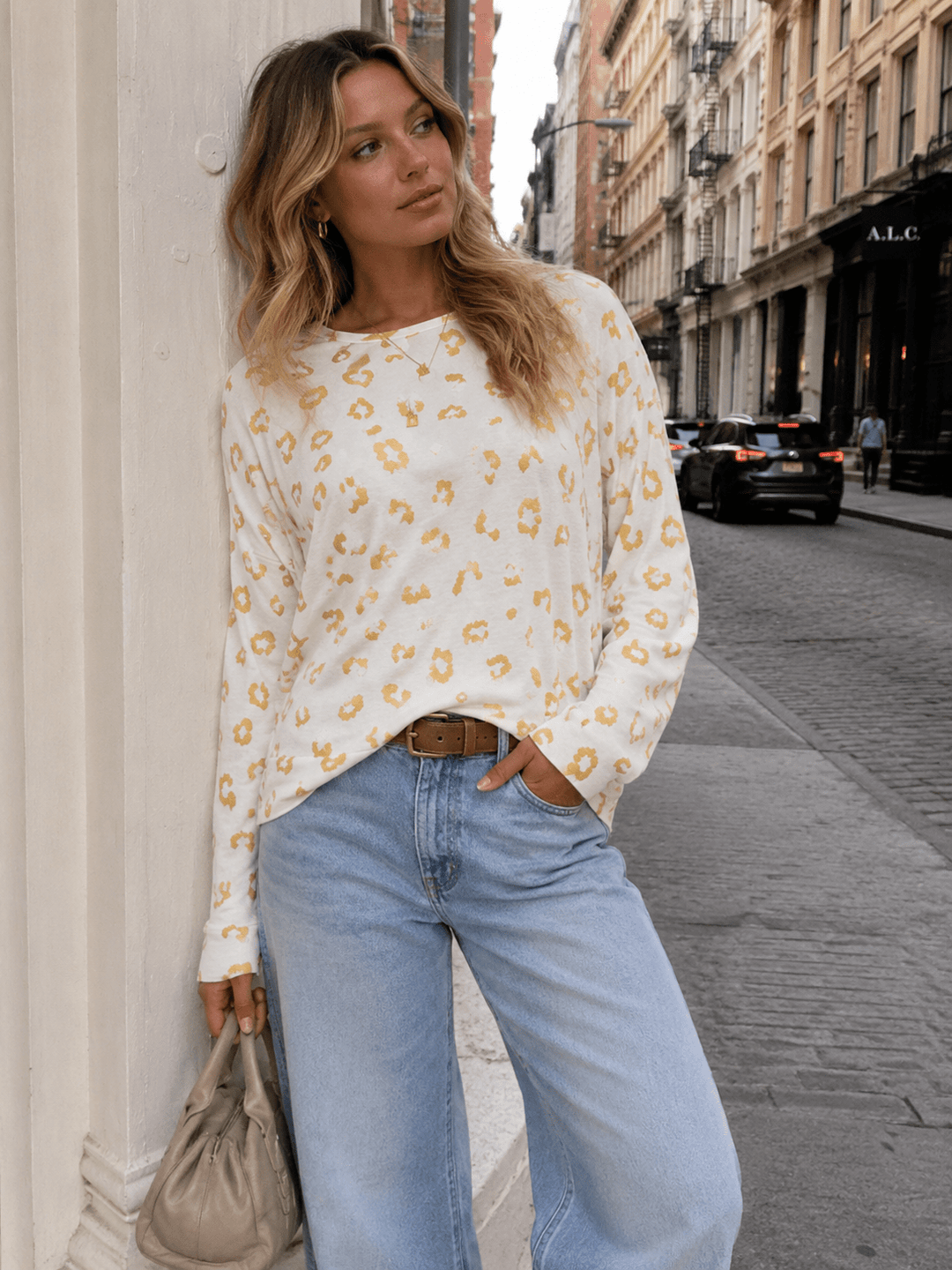 WOMEN'S LONG SLEEVE SHIMMER ANIMAL PRINT TOP