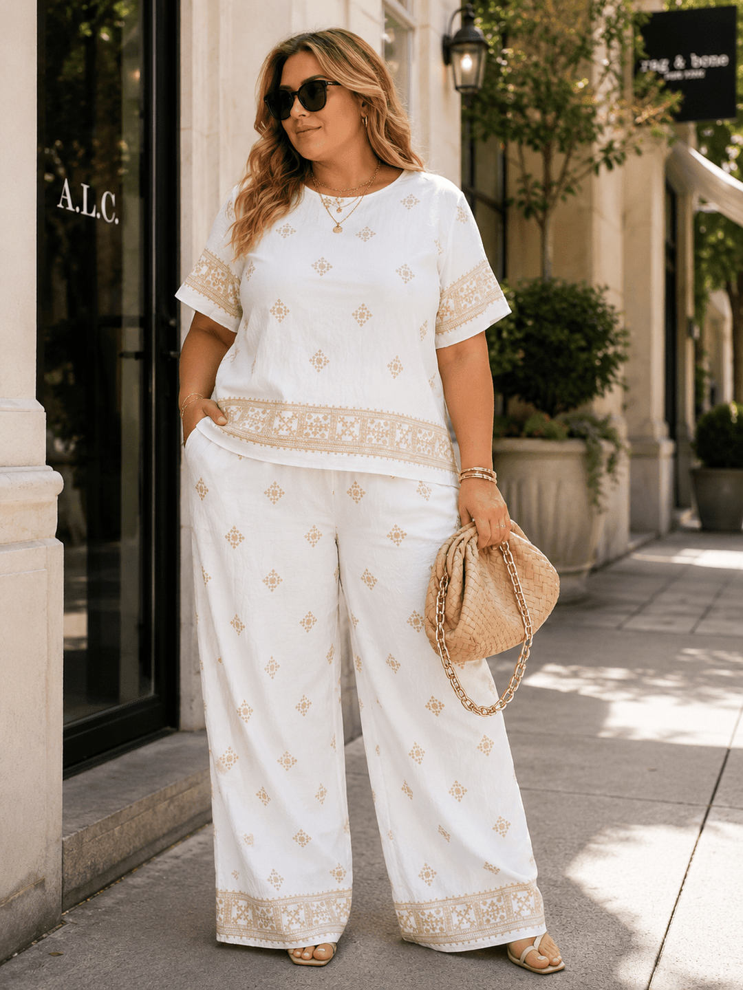 PLUS SIZE SHORT SLEEVE BLOUSE & ELASTIC WAIST PANTS MULTI PRINT 2PC. SET