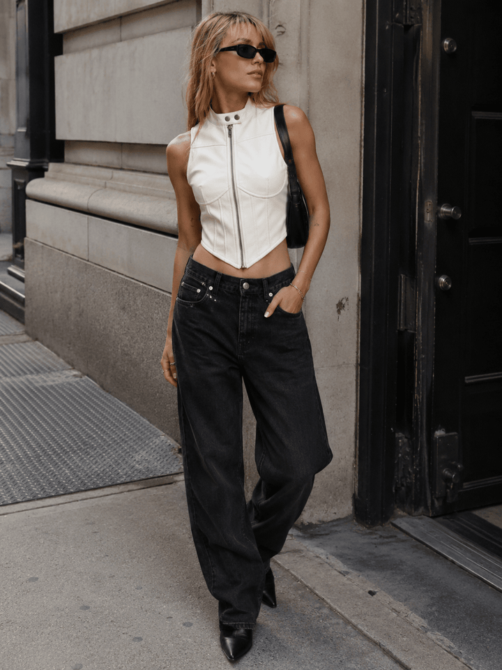 WOMEN'S SLEEVELESS ZIP UP PU PLEATHER CROP TOP