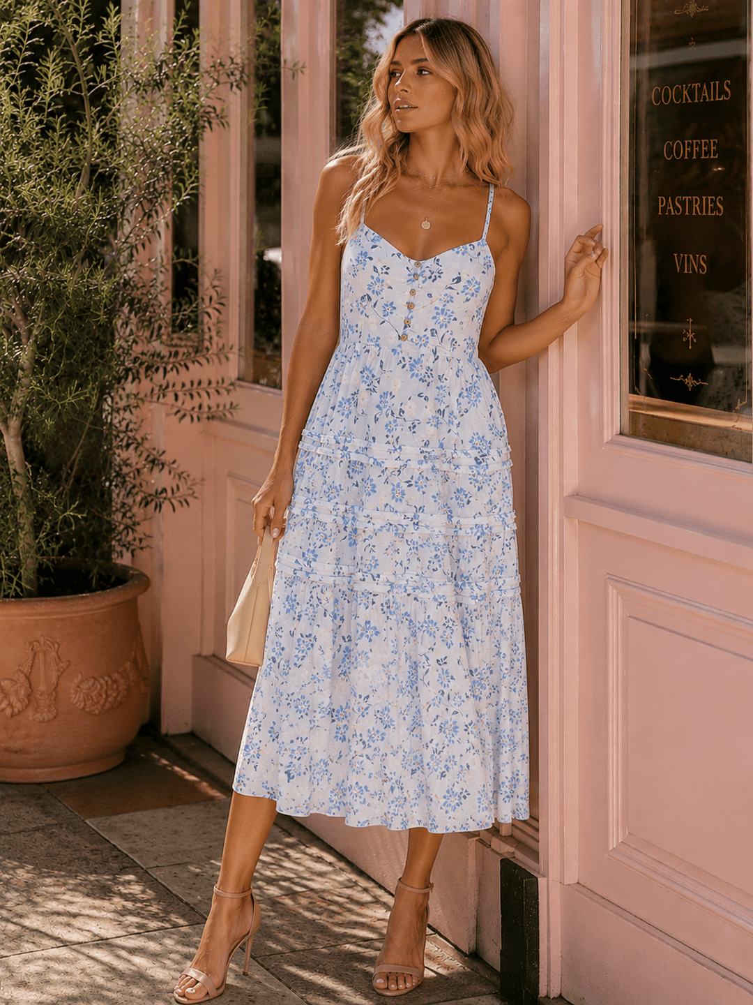 JUST ME WOMEN'S SLEEVELESS V-NECK OPEN BACK TIERED FLORAL MAXI DRESS