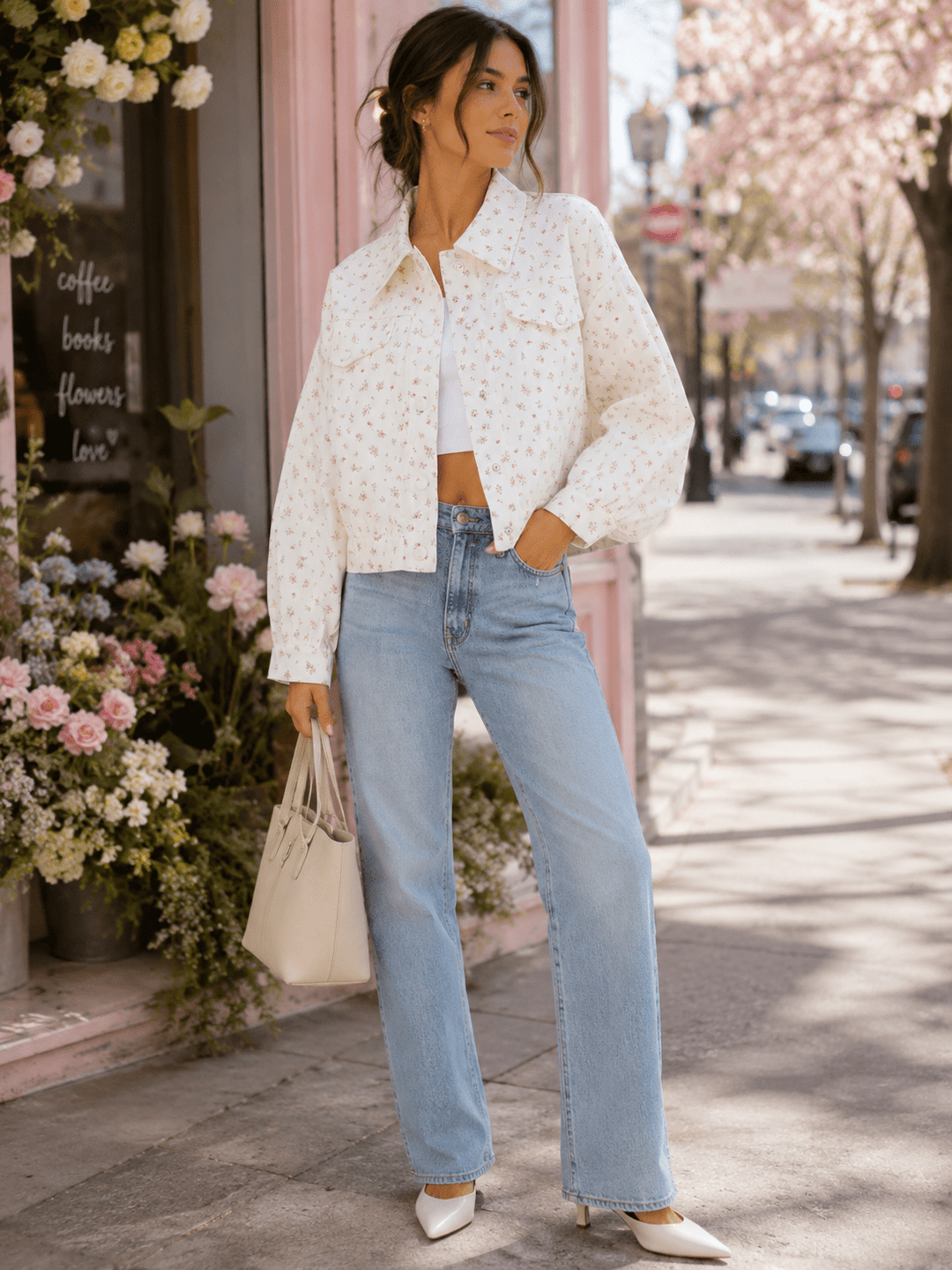 WOMEN'S LONG SLEEVE BUTTON UP FLORAL DENIM JACKET
