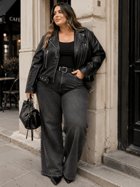 PLUS SIZE LONG SLEEVE ZIPPER CLOSURE FRONT POCKETS PU PLEATHER JACKET