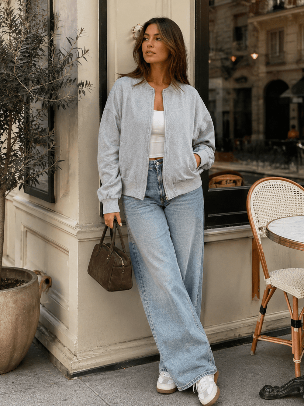 WOMEN'S LONG RUCHED SLEEVE ZIP UP FRONT POCKETS JACKET