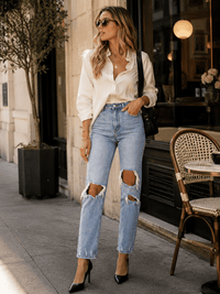 WOMEN'S BUTTON CLOSURE DISTRESS WASHED SKINNY DENIM PANTS