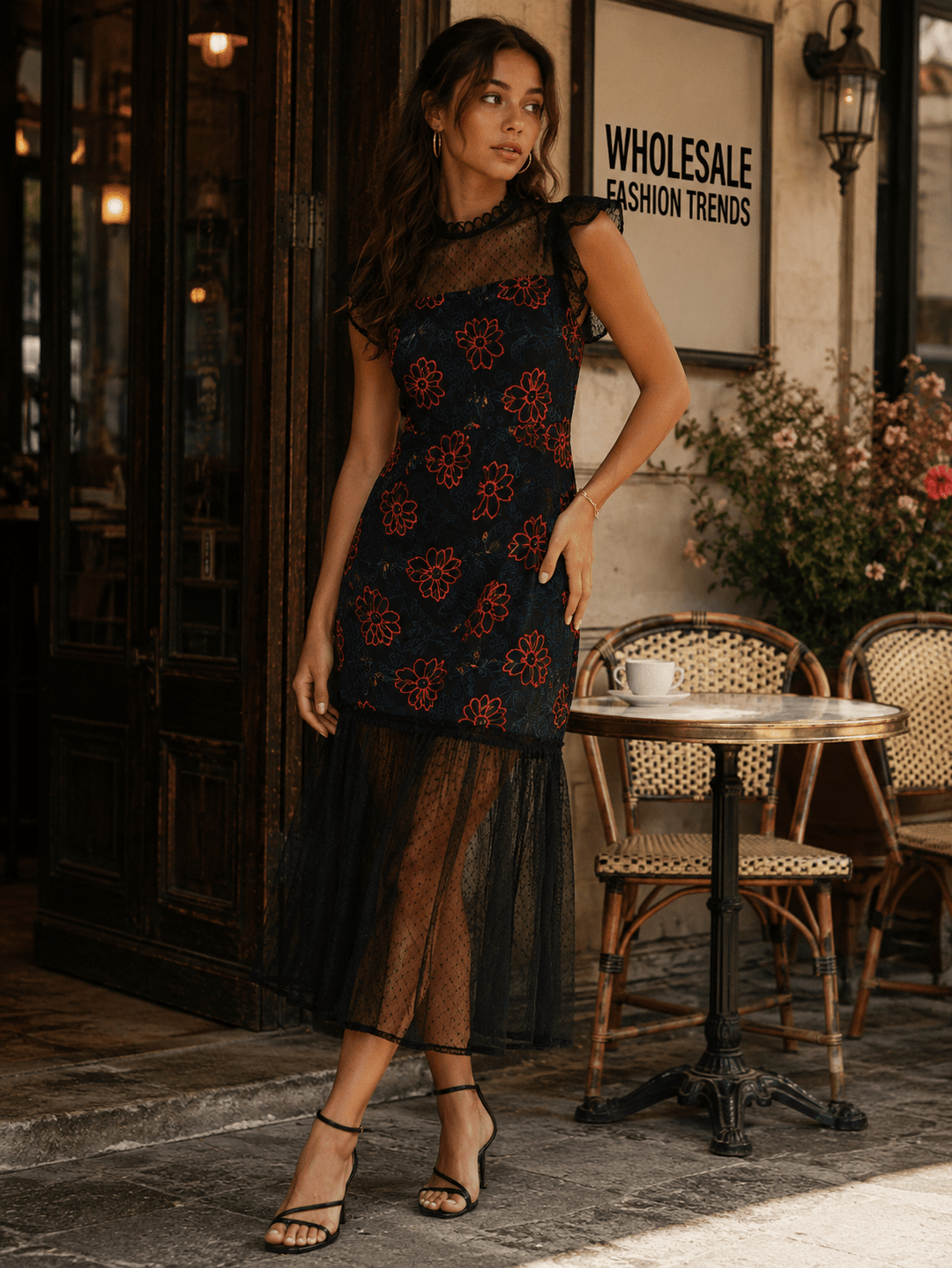 JUST ME WOMEN'S RUFFLE SLEEVE LACE FLORAL CROCHET MAXI DRESS 2S-2M-2L