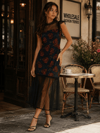 JUST ME WOMEN'S RUFFLE SLEEVE LACE FLORAL CROCHET MAXI DRESS