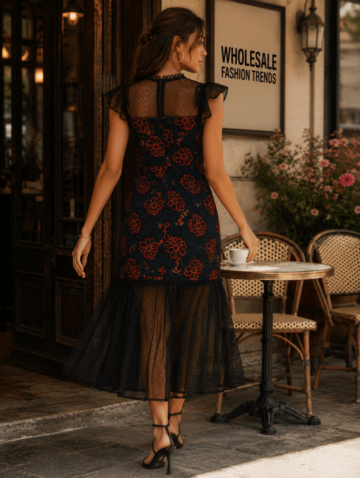 JUST ME WOMEN'S RUFFLE SLEEVE LACE FLORAL CROCHET MAXI DRESS