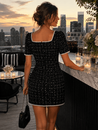 JUST ME WOMEN'S SHORT SLEEVE SQUARE NECK TWEED BODYCON MINI DRESS