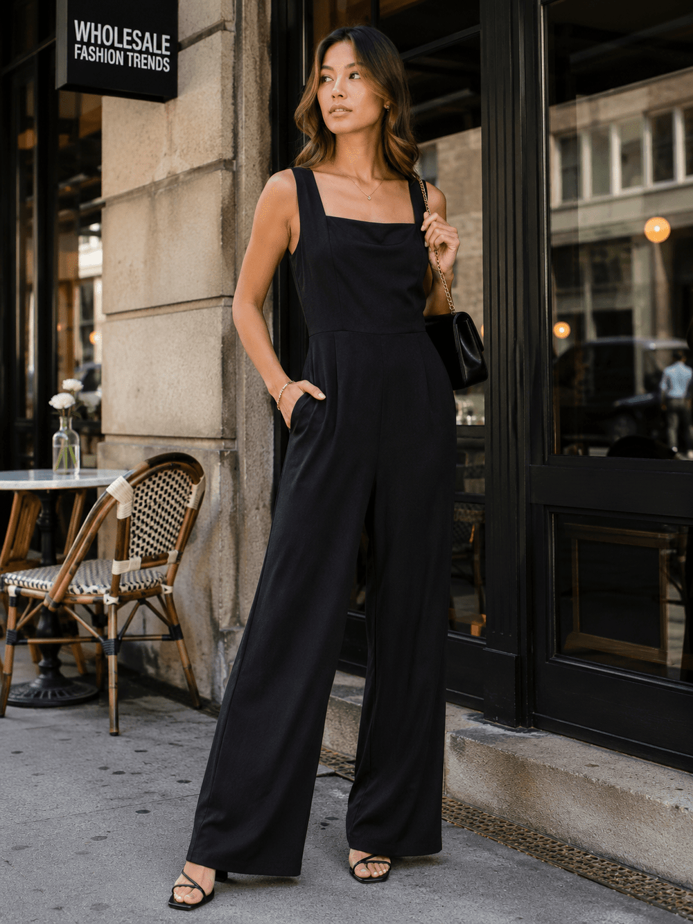JUST ME WOMEN'S SLEEVELESS SQUARE NECK POCKETS WIDE LEG JUMPSUIT
