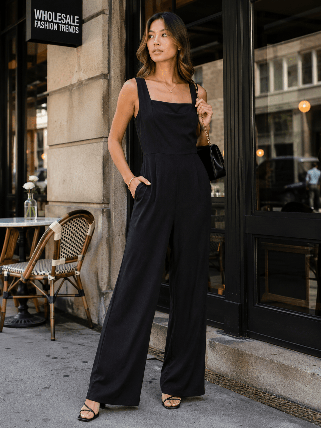 JUST ME WOMEN'S SLEEVELESS SQUARE NECK POCKETS WIDE LEG JUMPSUIT