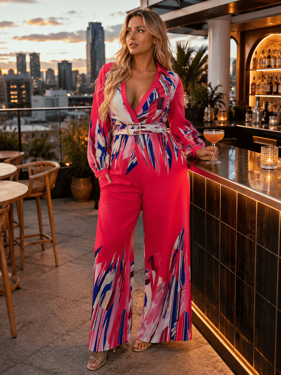 WOMEN'S LONG SLEEVE SURPLICE BELTED MULTI PRINT WIDE LEG JUMPSUIT