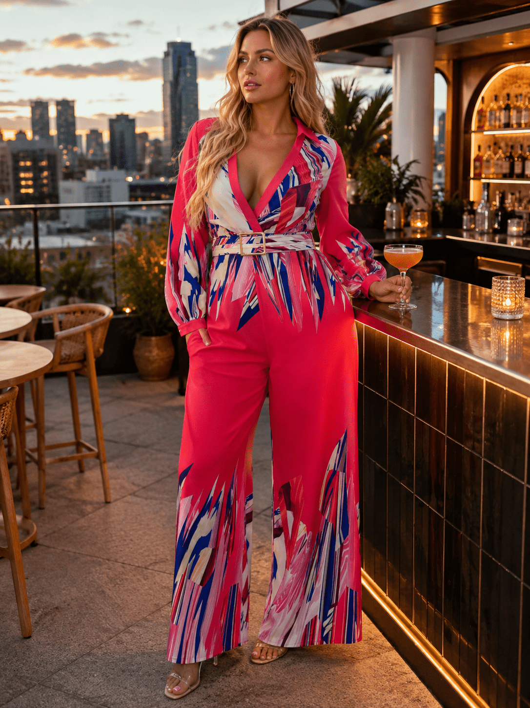 WOMEN'S LONG SLEEVE SURPLICE BELTED MULTI PRINT WIDE LEG JUMPSUIT