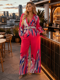 WOMEN'S LONG SLEEVE SURPLICE BELTED MULTI PRINT WIDE LEG JUMPSUIT
