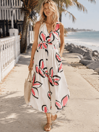 WOMEN'S SLEEVELESS SURPLICE SMOCK WAIST FRONT POCKETS FLORAL JUMPSUIT