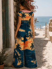 WOMEN'S SHORT SLEEVE V-NECK SELF TIE ELASTIC WAIST WIDE LEG MULTI PRINT JUMPSUIT