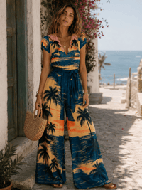 WOMEN'S SHORT SLEEVE V-NECK SELF TIE ELASTIC WAIST WIDE LEG MULTI PRINT JUMPSUIT