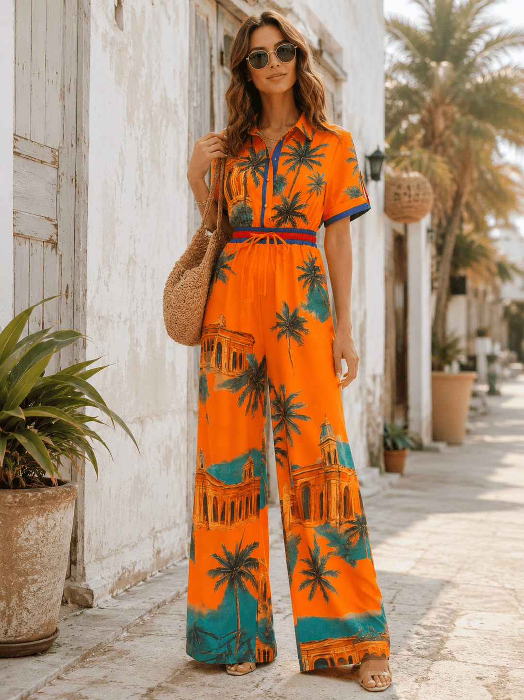 WOMEN'S SHORT SLEEVE BUTTON UP POCKETS ELASTIC WAIST WIDE LEG MULTI PRINT JUMPSUIT