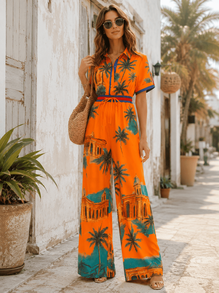 WOMEN'S SHORT SLEEVE BUTTON UP POCKETS ELASTIC WAIST WIDE LEG MULTI PRINT JUMPSUIT