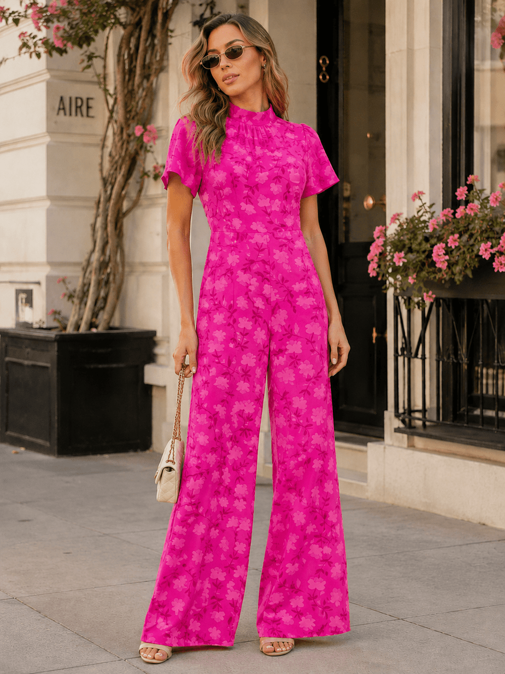 WOMEN'S SHORT SLEEVE MOCK NECK FLORAL PRINT WIDE LEG JUMPSUIT