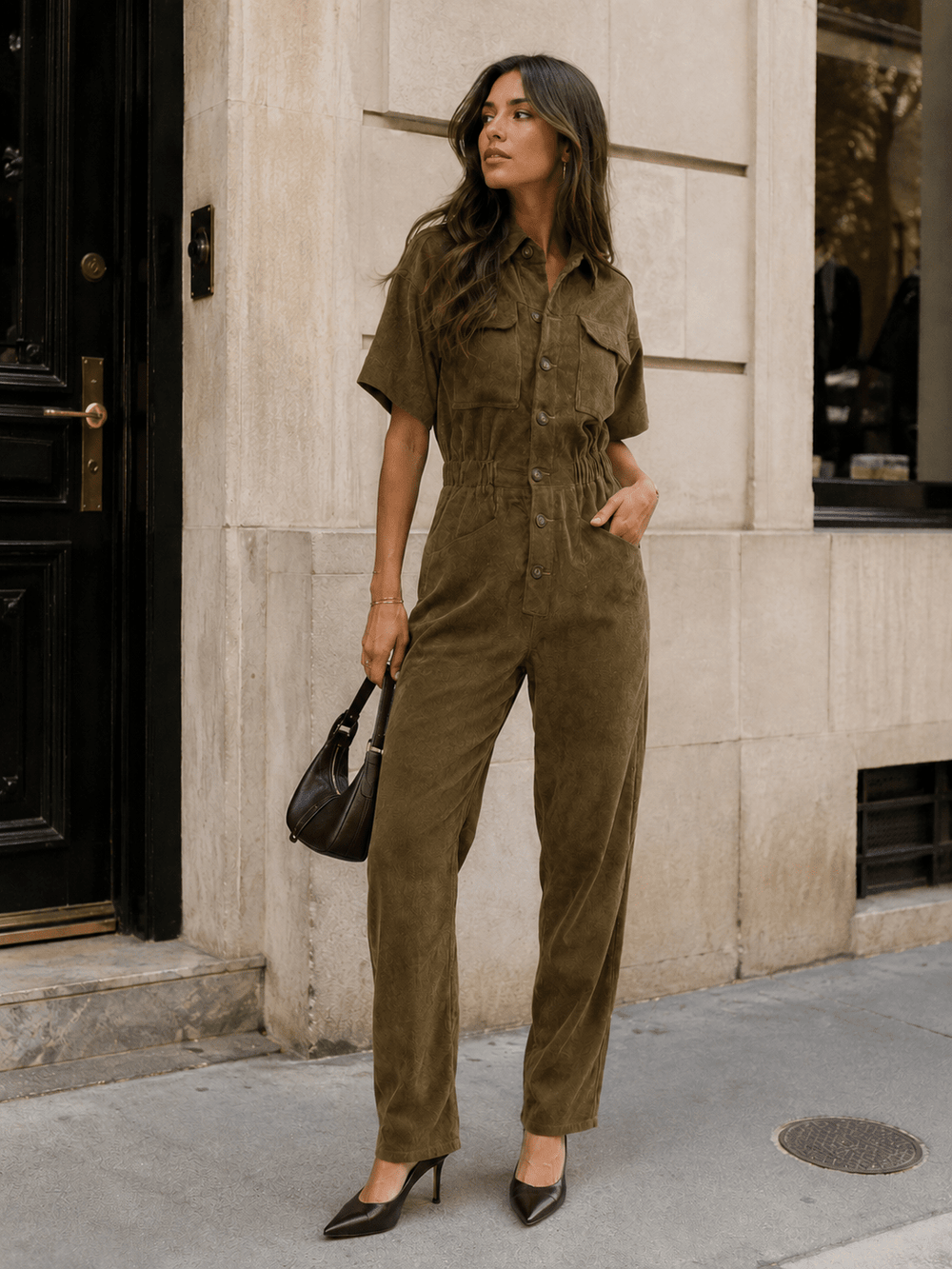 WOMEN'S SHORT SLEEVE FRONT POCKETS ELASTIC WAIST CORDUROY JUMPSUIT