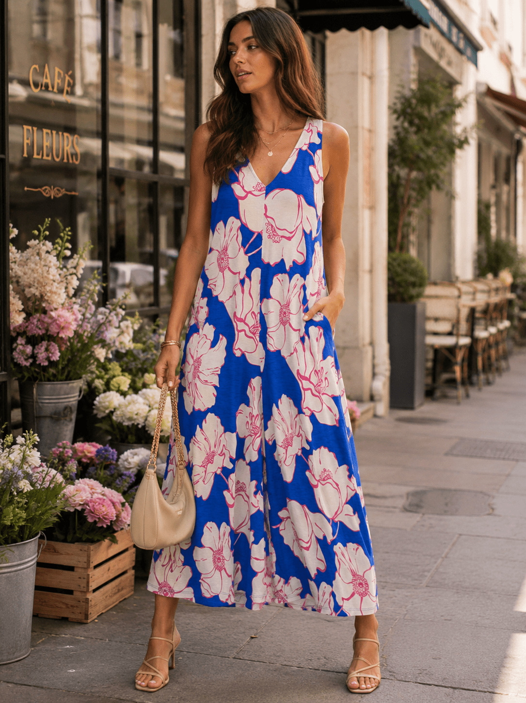 WOMEN'S SLEEVELESS V-NECK FRONT POCKETS WIDE LEG FLORAL JUMPSUIT