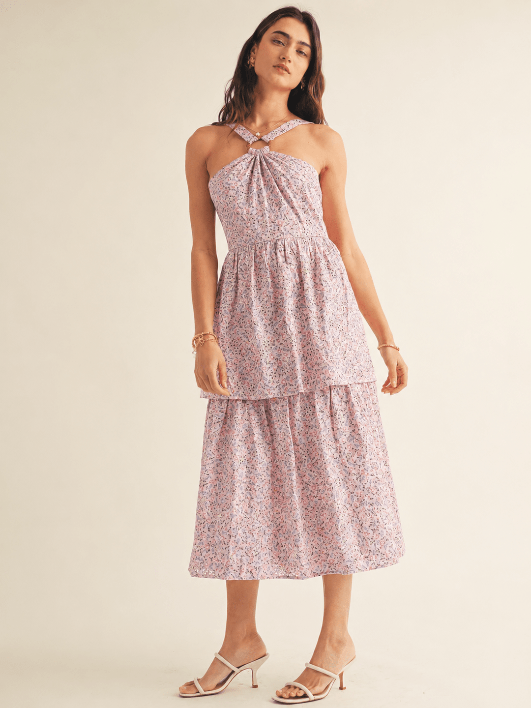 JUST ME WOMEN'S SLEEVELESS HALTER NECK TIERED EYELET FLORAL MAXI DRESS