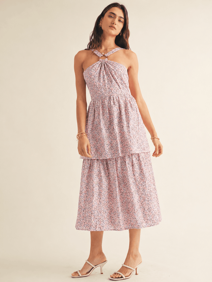 JUST ME WOMEN'S SLEEVELESS HALTER NECK TIERED EYELET FLORAL MAXI DRESS