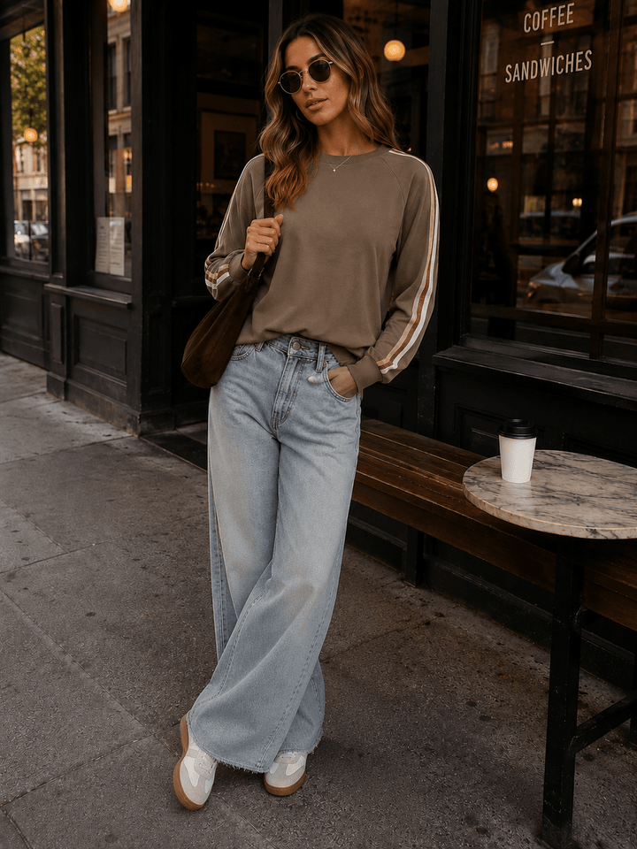WOMEN'S LONG SLEEVE STRIPES DETAILED TOP
