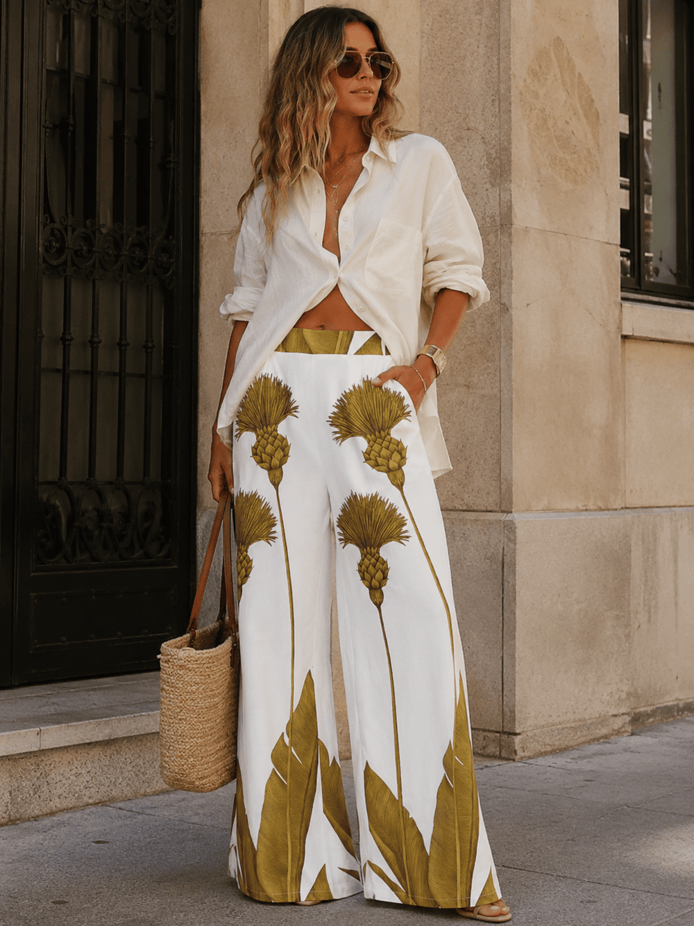 WOMEN'S ELASTIC WAIST FRONT POCKETS WIDE LEG MULTI PRINT PANTS