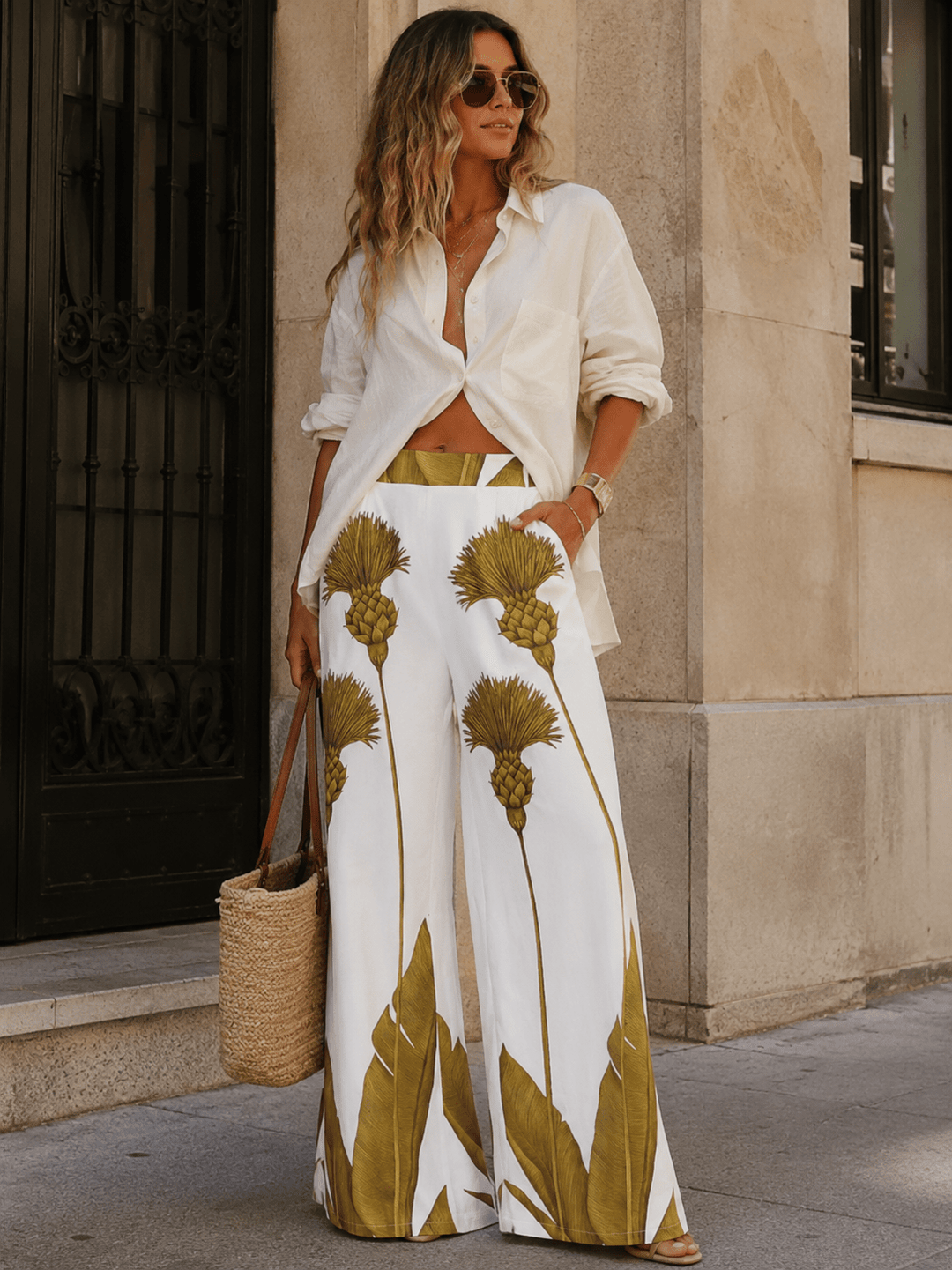 WOMEN'S ELASTIC WAIST FRONT POCKETS WIDE LEG MULTI PRINT PANTS