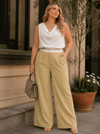 PLUS SIZE BUTTON CLOSURE ELASTIC WAISTBAND POCKETS WIDE LEG SOLID PANTS