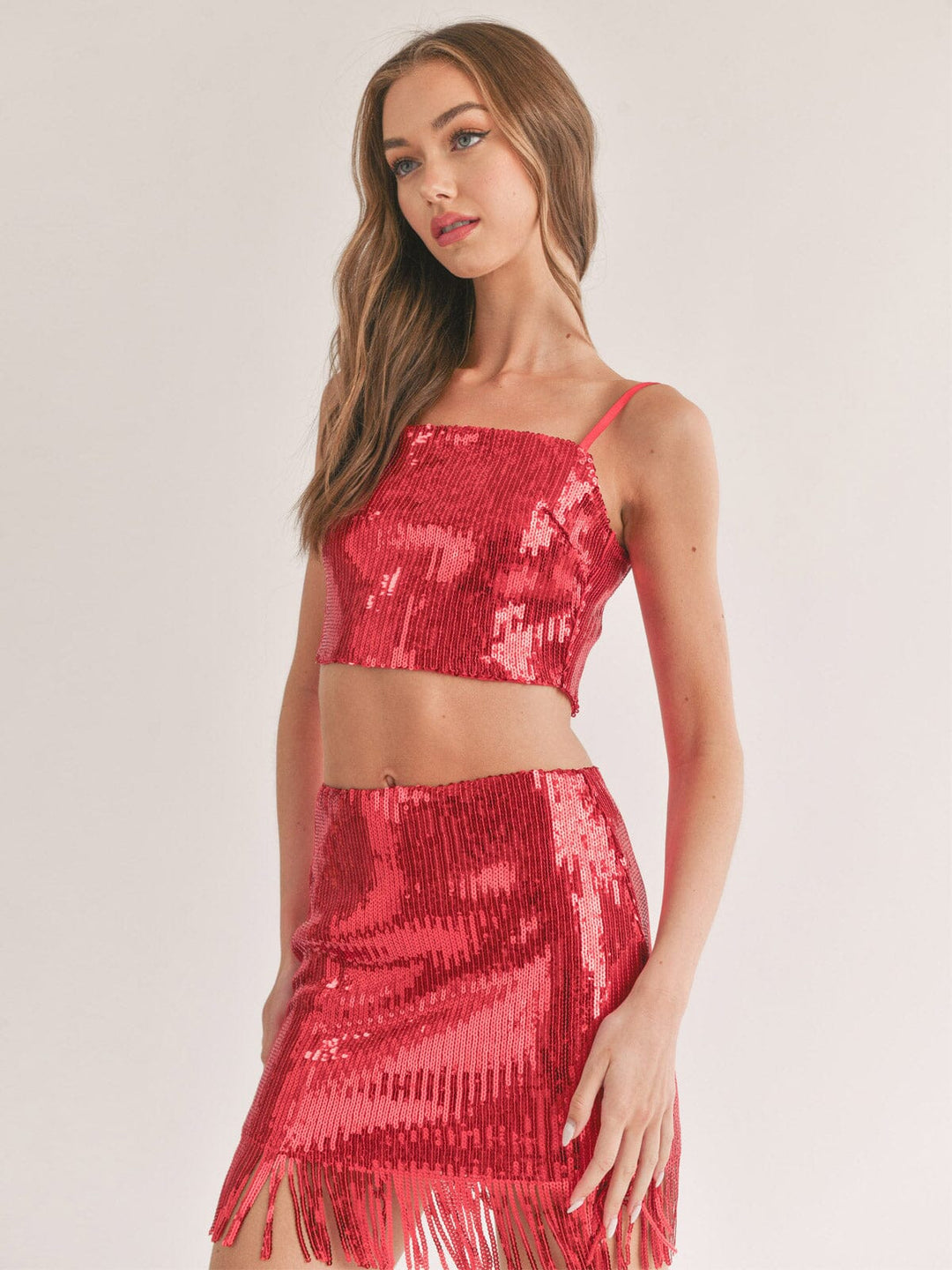 WOMEN'S SLEEVELESS CROP TOP & ZIP UP MINI SKIRT FRINGE SEQUINS 2PC SET