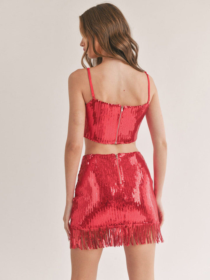 WOMEN'S SLEEVELESS CROP TOP & ZIP UP MINI SKIRT FRINGE SEQUINS 2PC SET