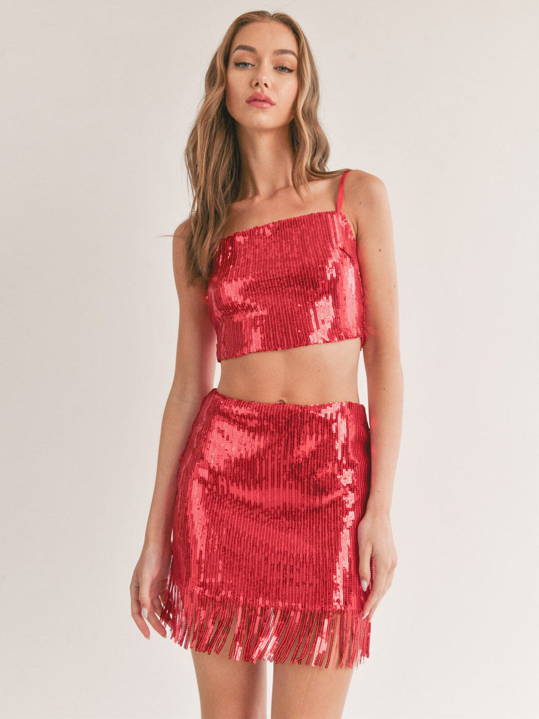 WOMEN'S SLEEVELESS CROP TOP & ZIP UP MINI SKIRT FRINGE SEQUINS 2PC SET
