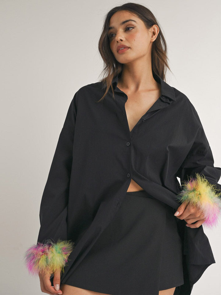 WOMEN'S LONG DETAILED SLEEVE BUTTON UP OVERSIZED SHIRT