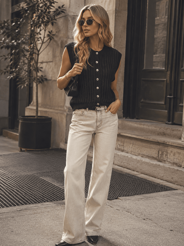 WOMEN'S SLEEVELESS SLEEVE BUTTON UP CROCHET TOP