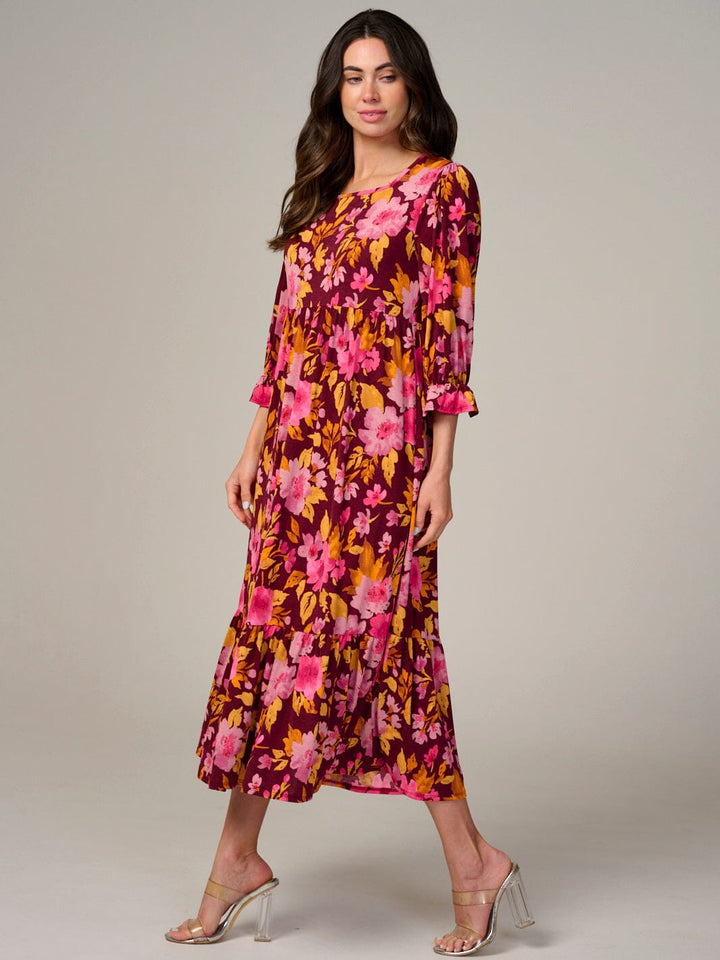 WOMEN'S 3/4 SLEEVE FRONT POCKETS FLORAL TIERED MAXI DRESS