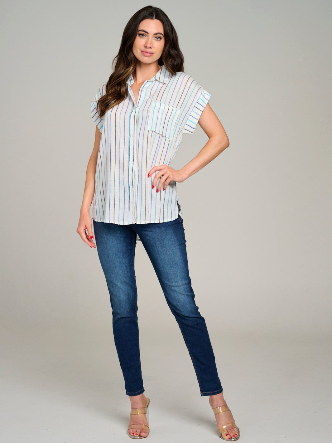WOMEN'S SHORT SLEEVE BUTTON UP FRONT POCKET STRIPES BLOUSE