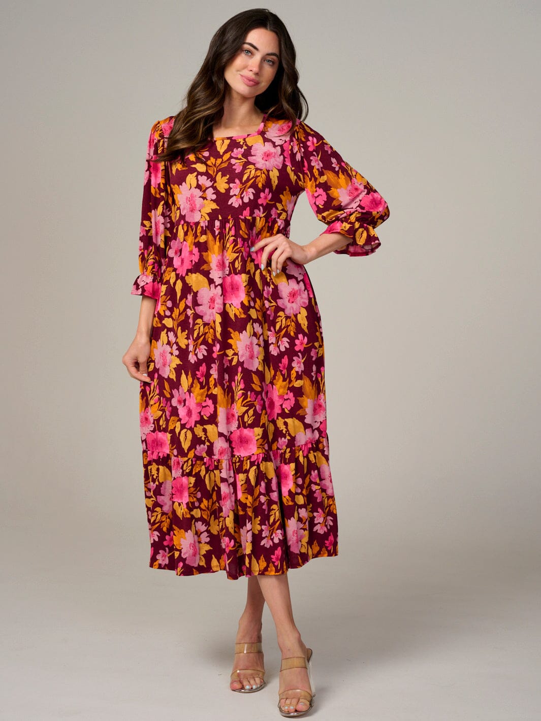 WOMEN'S 3/4 SLEEVE FRONT POCKETS FLORAL TIERED MAXI DRESS