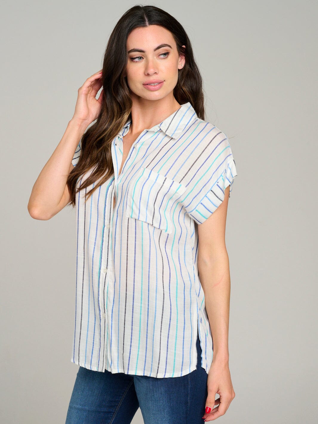WOMEN'S SHORT SLEEVE BUTTON UP FRONT POCKET STRIPES BLOUSE