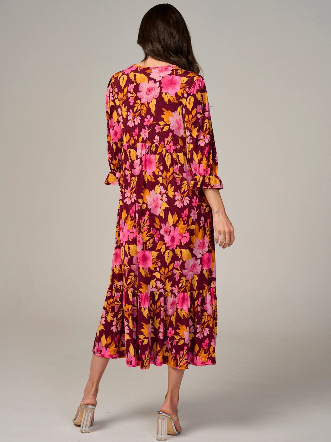 WOMEN'S 3/4 SLEEVE FRONT POCKETS FLORAL TIERED MAXI DRESS