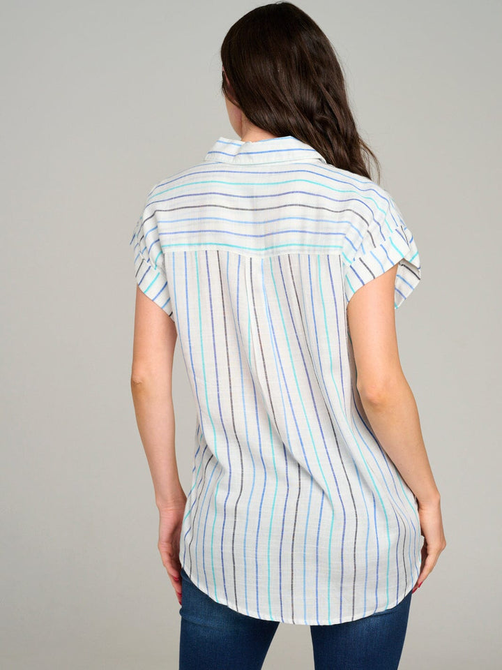 WOMEN'S SHORT SLEEVE BUTTON UP FRONT POCKET STRIPES BLOUSE