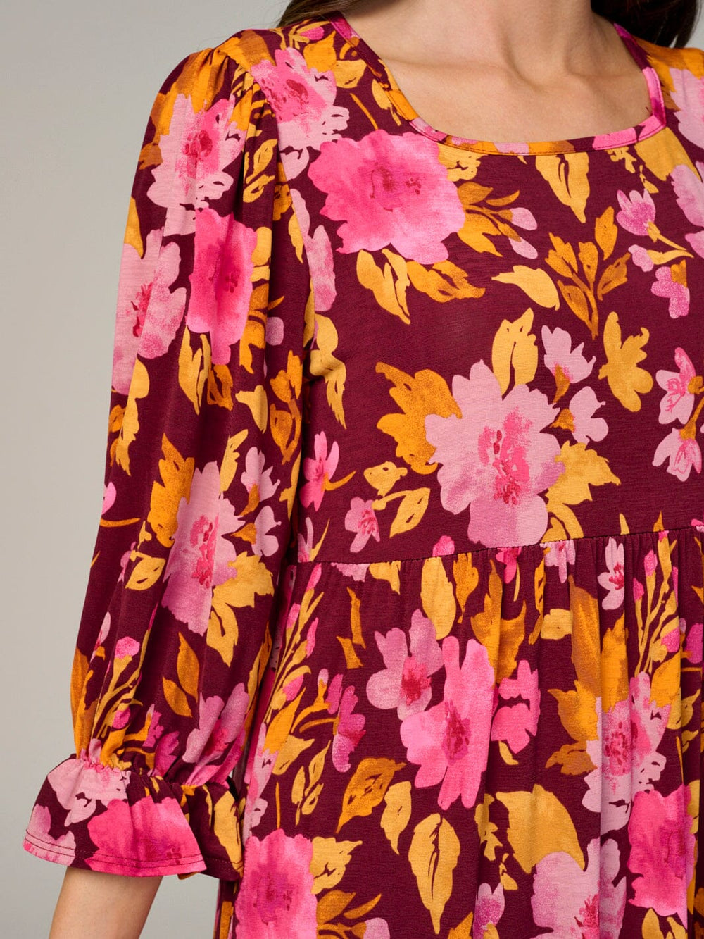 WOMEN'S 3/4 SLEEVE FRONT POCKETS FLORAL TIERED MAXI DRESS