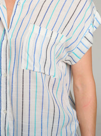 WOMEN'S SHORT SLEEVE BUTTON UP FRONT POCKET STRIPES BLOUSE