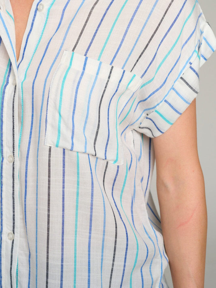 WOMEN'S SHORT SLEEVE BUTTON UP FRONT POCKET STRIPES BLOUSE