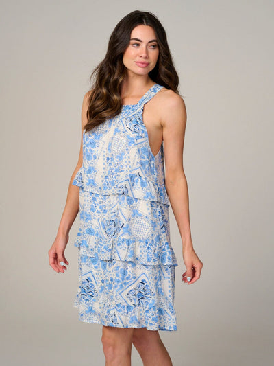 WOMEN'S SLEEVELESS SMOCK RUFFLE TIERED MULTI PRINT MINI DRESS
