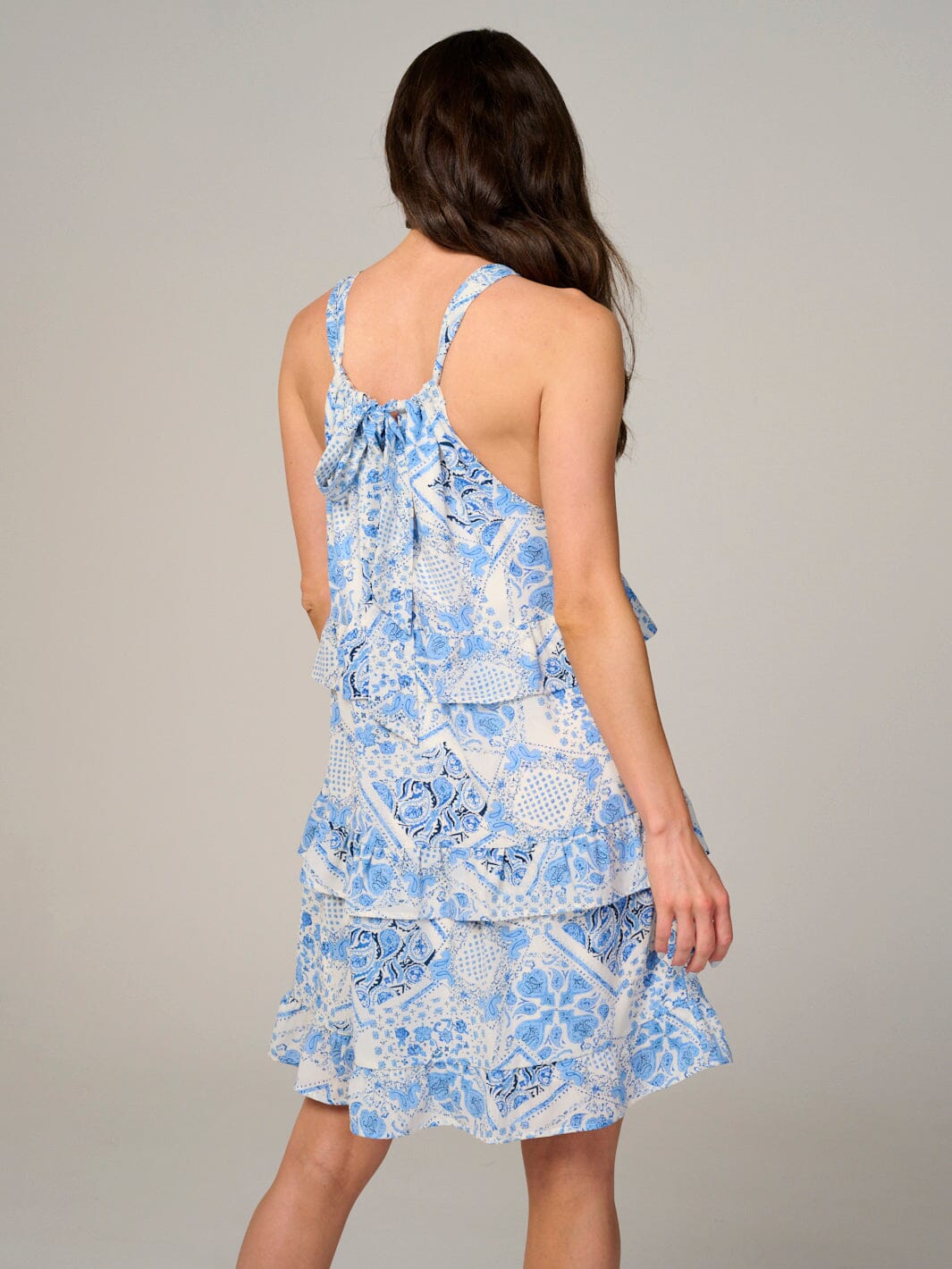 WOMEN'S SLEEVELESS SMOCK RUFFLE TIERED MULTI PRINT MINI DRESS