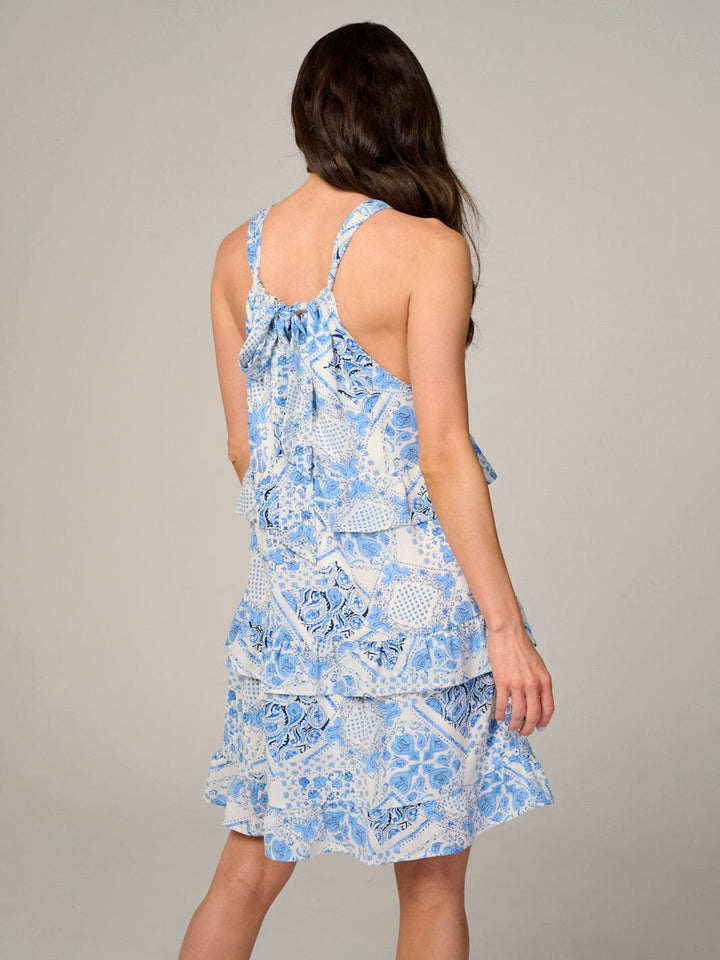 WOMEN'S SLEEVELESS SMOCK RUFFLE TIERED MULTI PRINT MINI DRESS