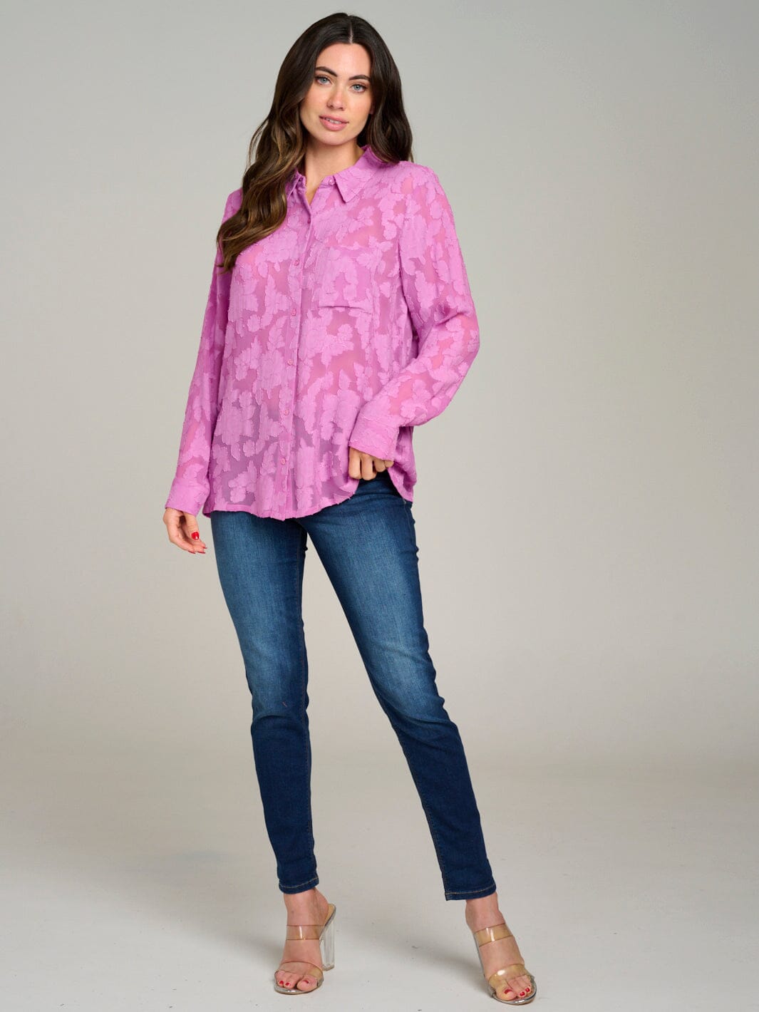 WOMEN'S LONG SLEEVE BUTTON UP DETAILED BLOUSE